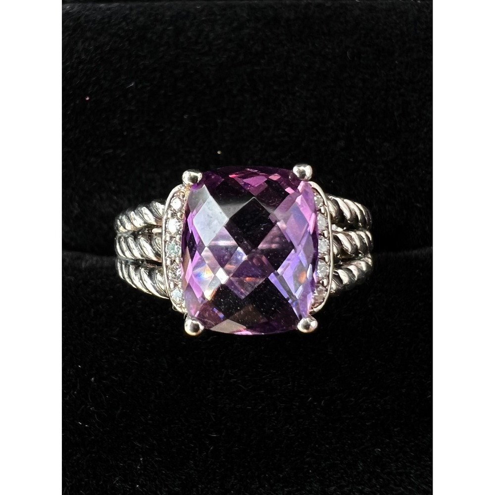 David Yurman Sterling Silver Petite Wheaton Amethyst & Pave Diamond Ring Sz 7